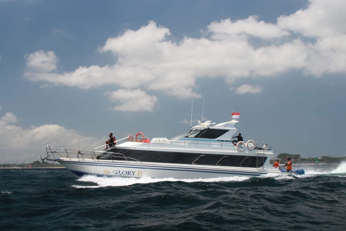 Speedboat crossing open water toward the Nusa Islands off the coast of Bali
