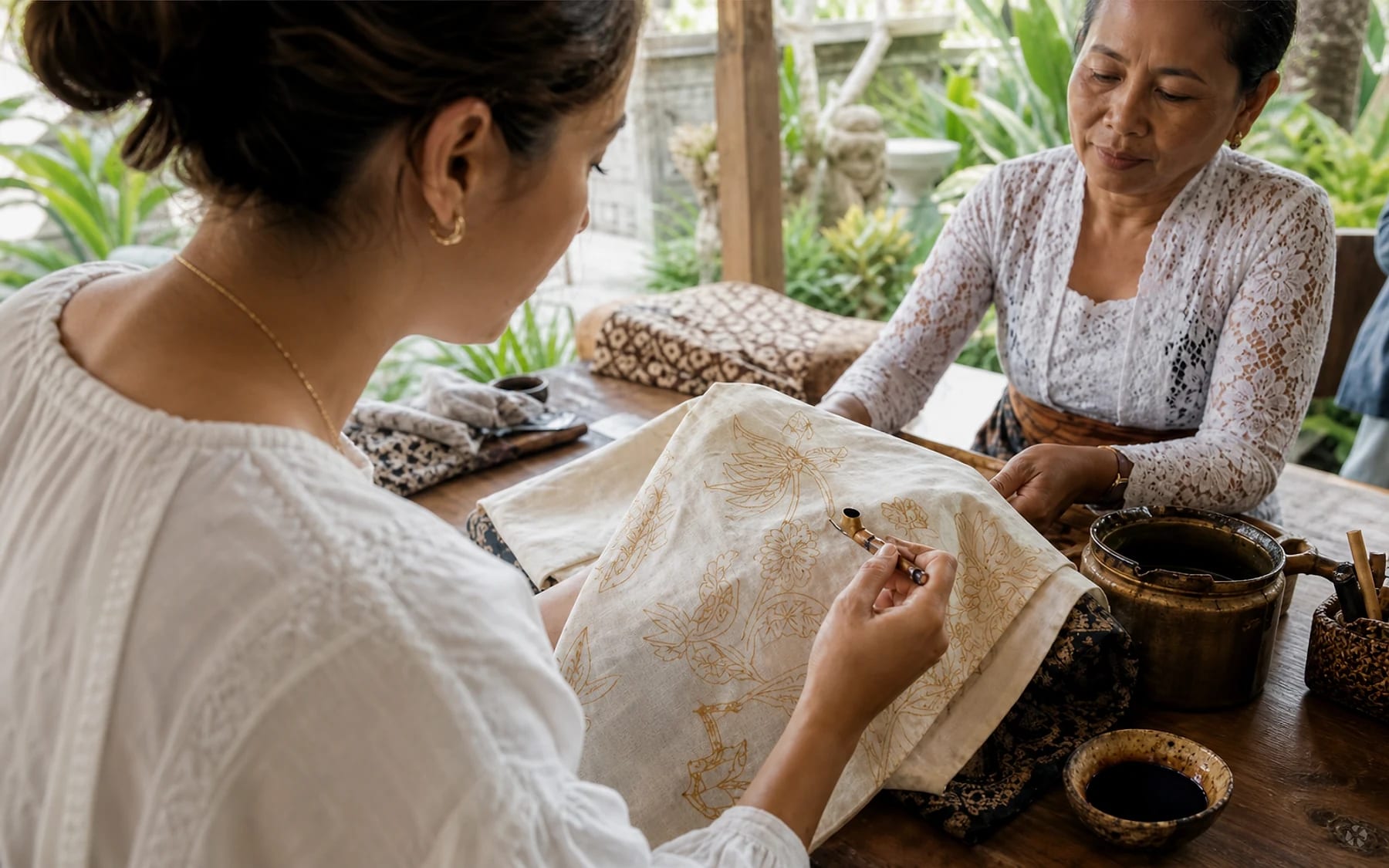 Guest learning batik wax drawing in an open-air Balinese craft pavilion