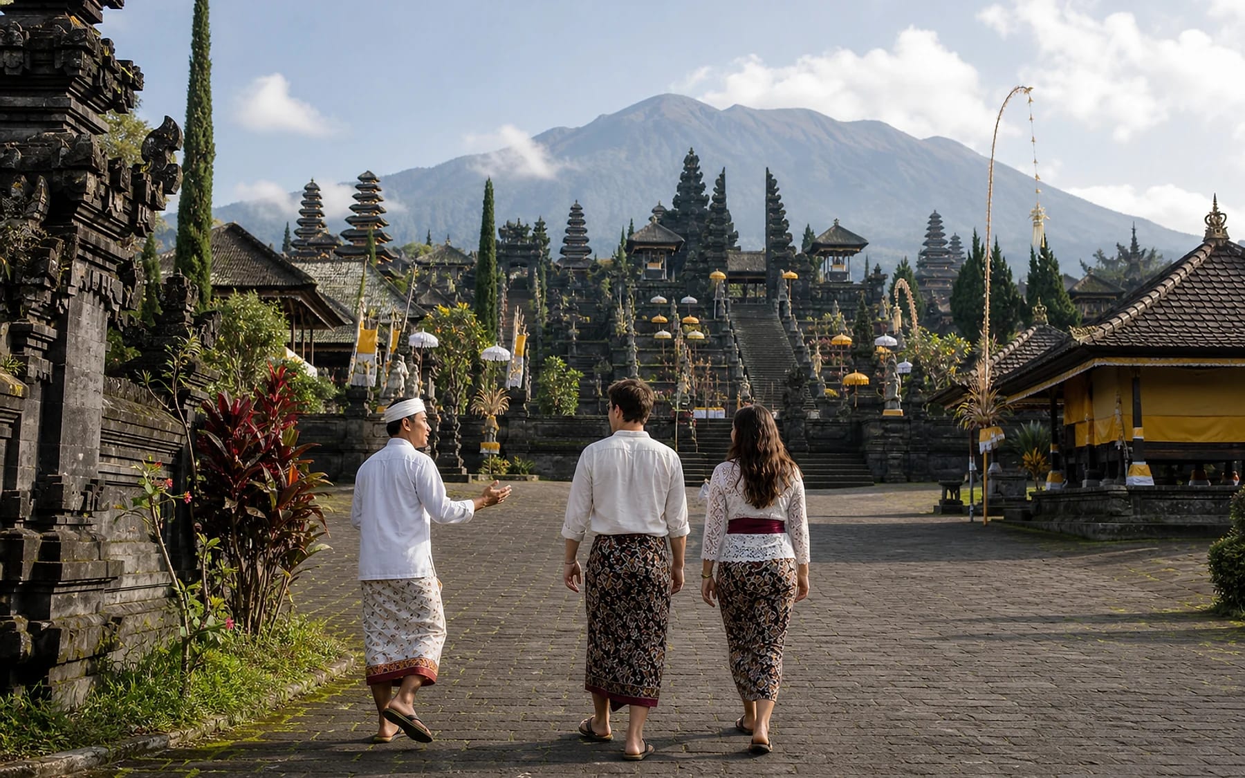 Guests walking through Besakih temple grounds with Mount Agung beyond