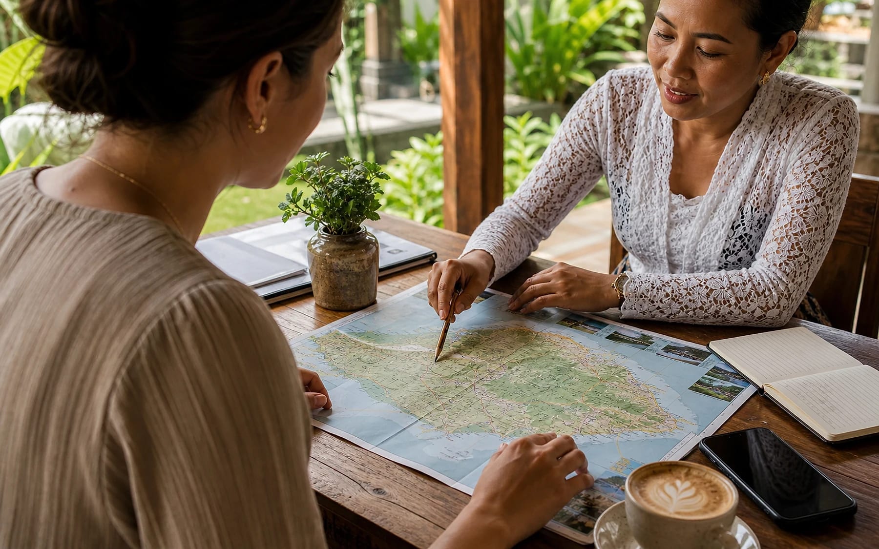 Guest and local guide planning a custom Bali route over a paper map