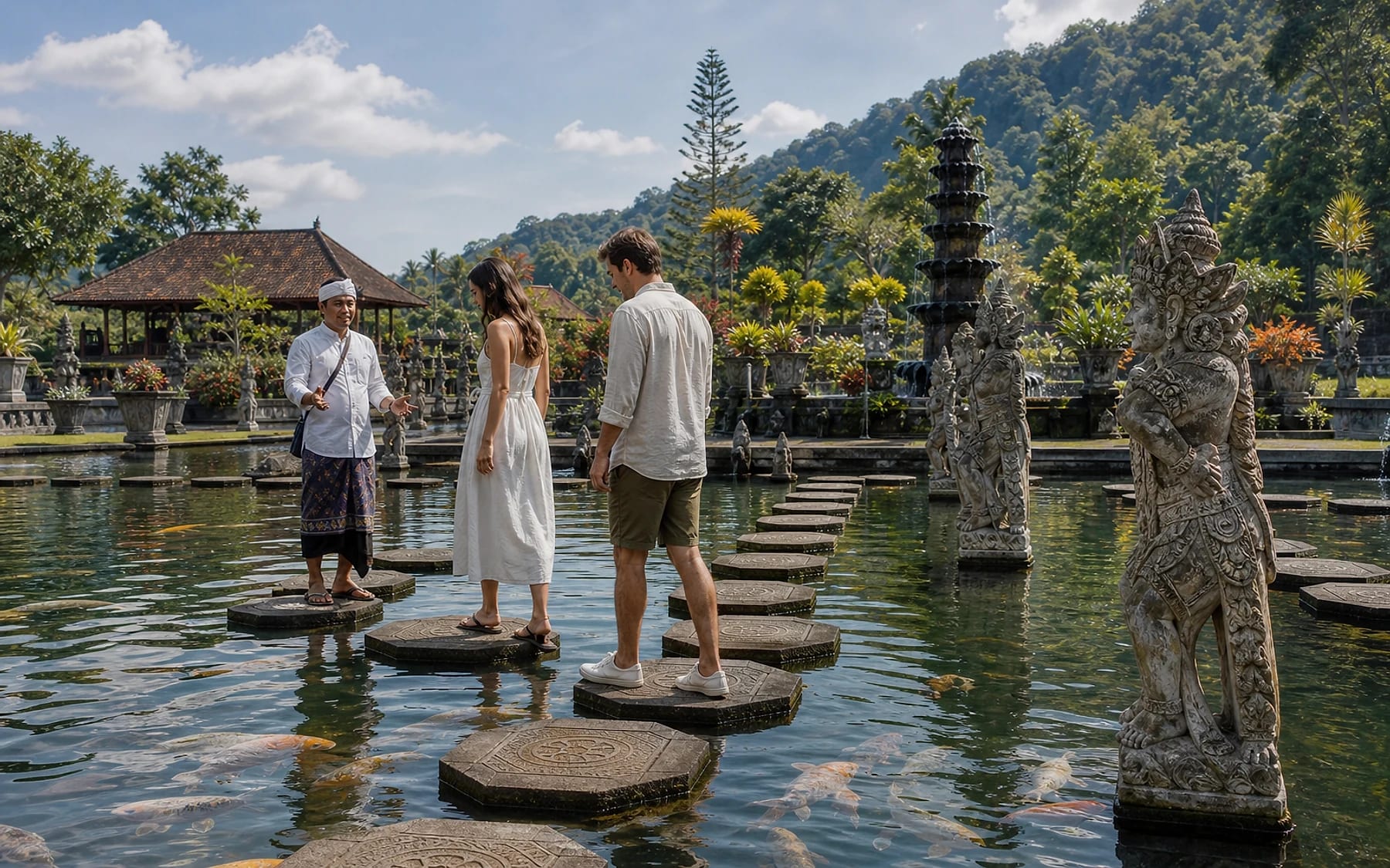 Guests crossing stepping stones at an East Bali water palace