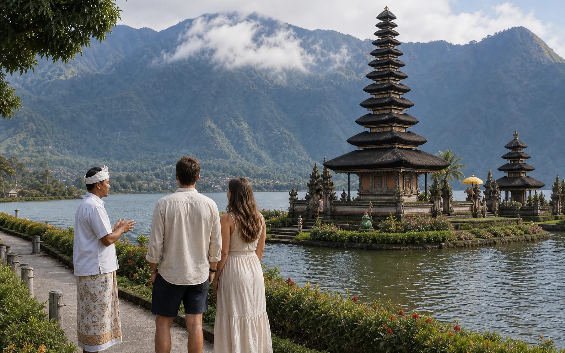 Guests beside a misty North Bali lake temple in the highlands