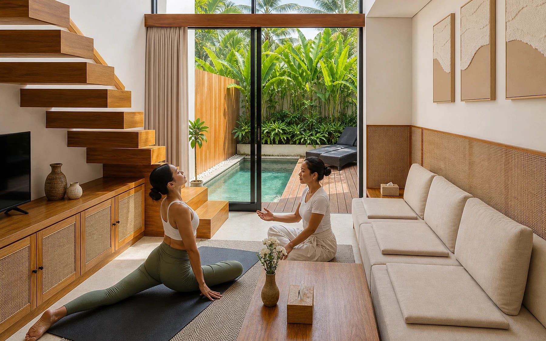 Private yoga session beside the villa pool in a Tannari living room