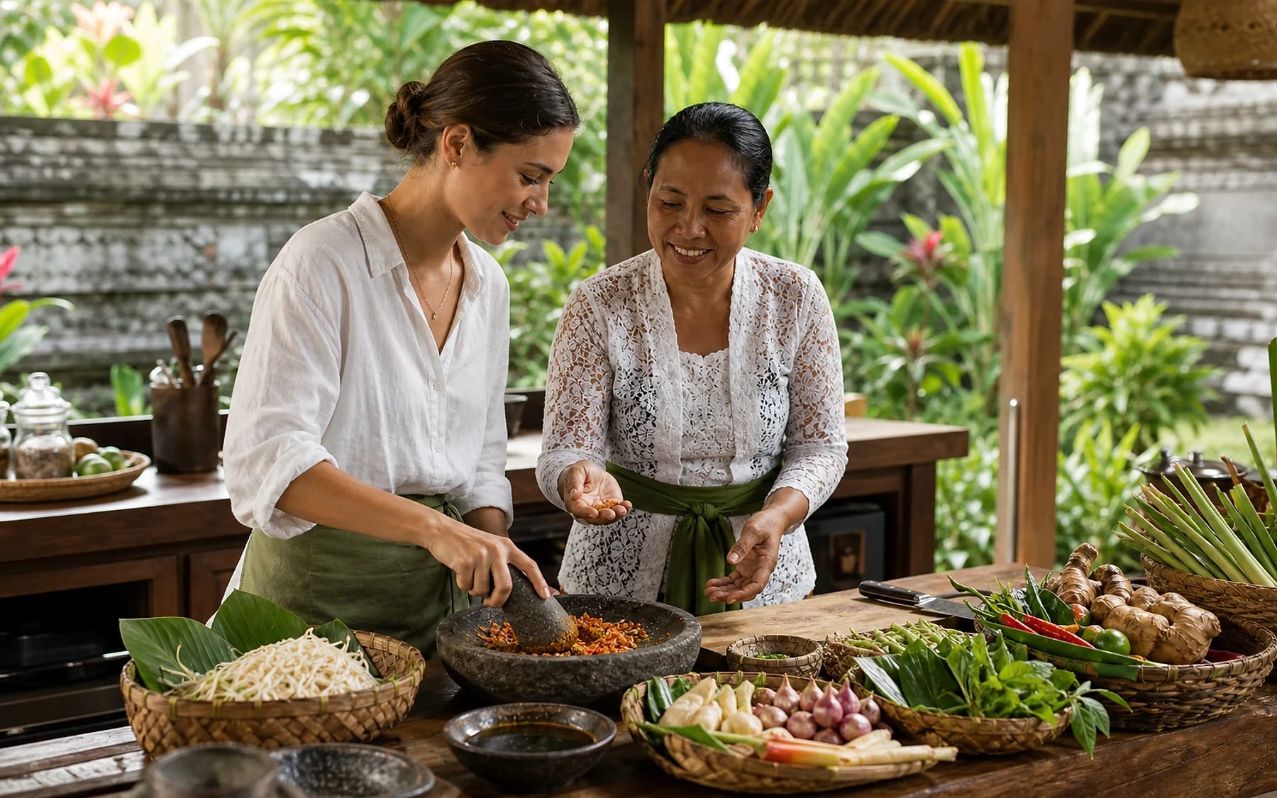 Guest and local cook preparing Balinese spices in an open-air kitchen