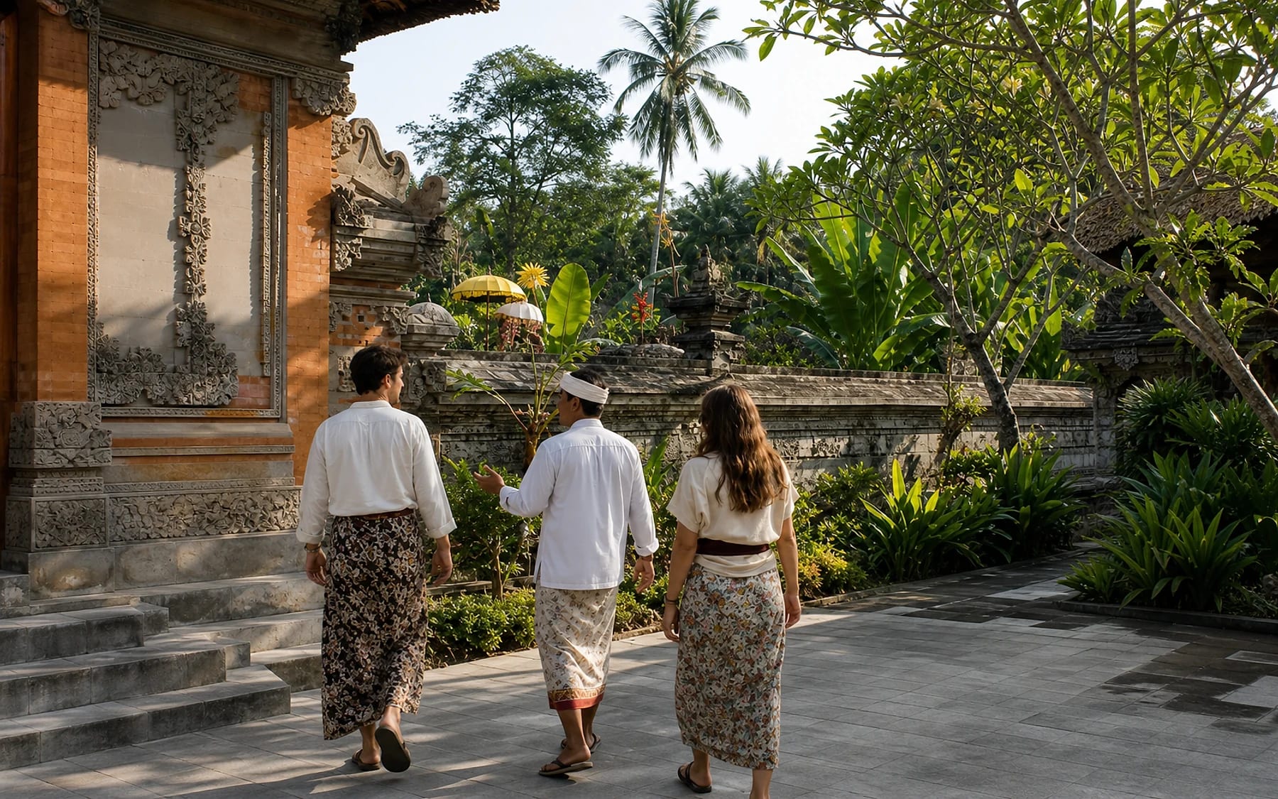 Guests and a local guide walking through a sunlit Ubud temple courtyard