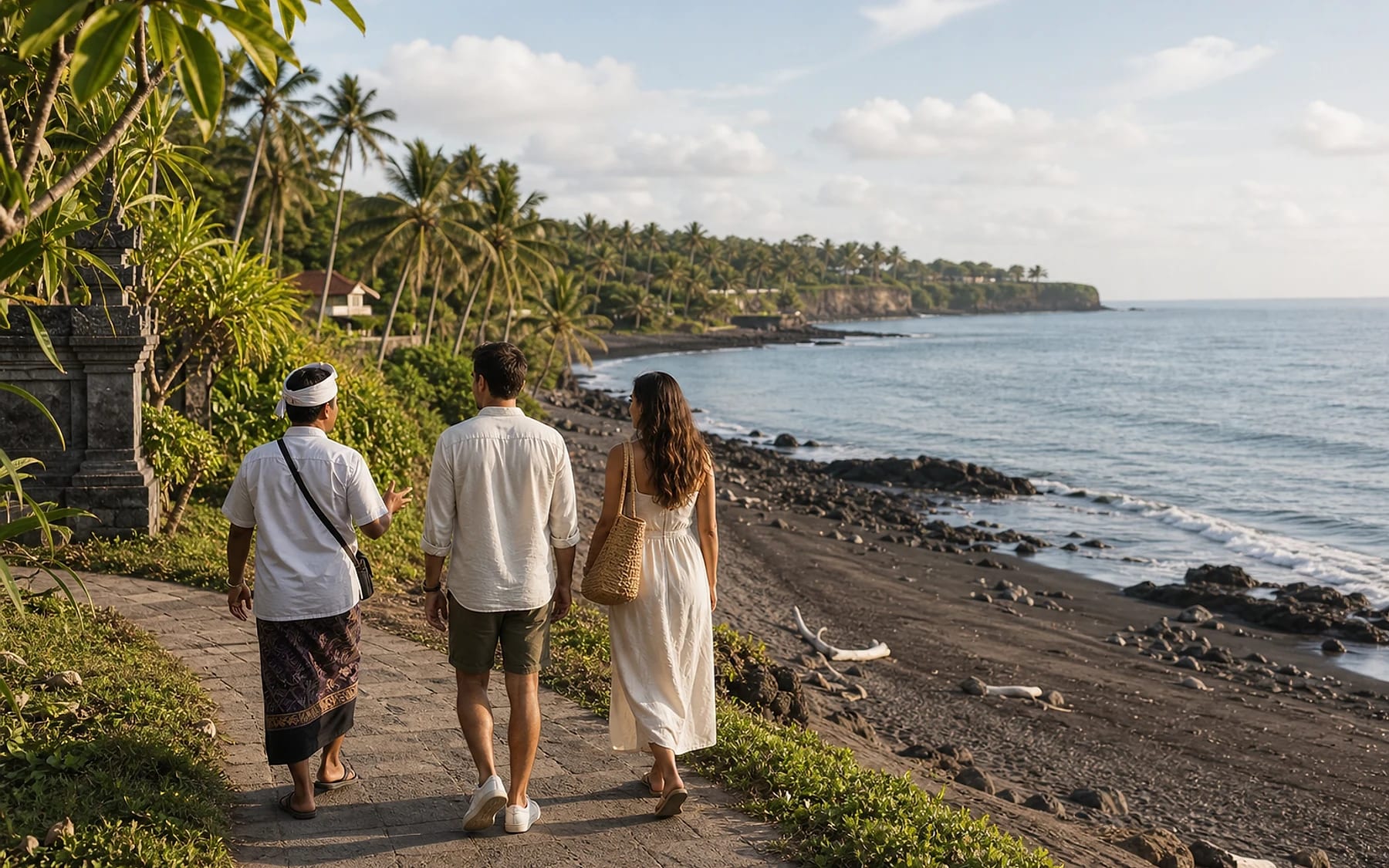 Guests walking a quiet West Bali coastal path beside volcanic beach
